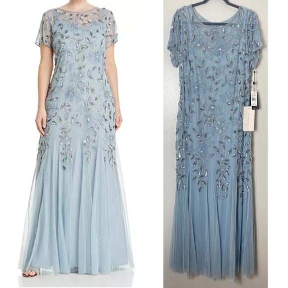ADRIANNA PAPELL DRESS MOTHER OF THE BRIDE BLUE SEQUIN FLORAL LONG ELEGANT BLING - Picture 1 of 15